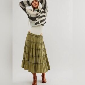 Free People Olive Green Tiered Midi Skirt